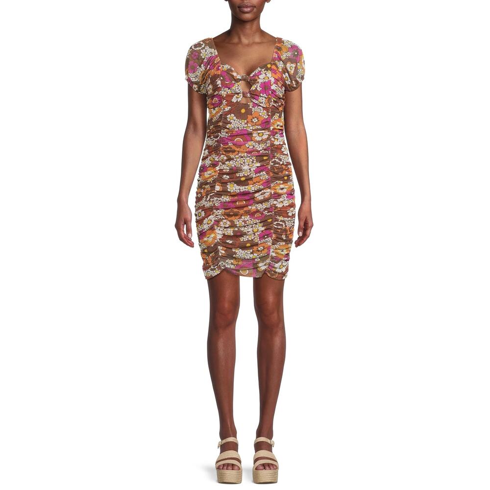 Madden NYC Ruched Dress Size Large Puff Sleeves Ditzy Floral Print Mini Length